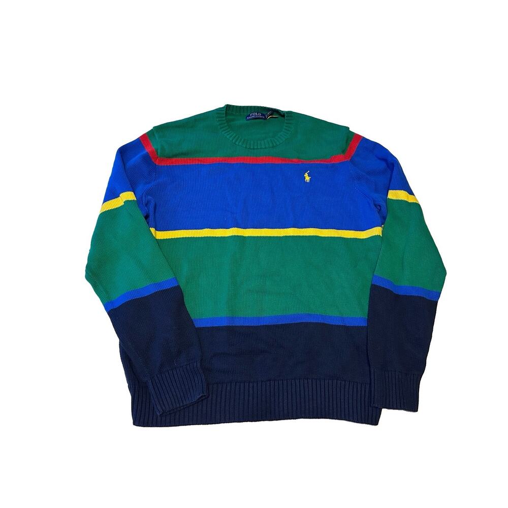 Polo Ralph Lauren Green Blue Striped Cotton Sweater Colorful Preppy XL Mens - Picture 2 of 14